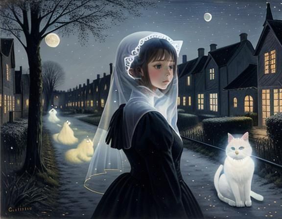 Ethereal Village Ghost in Surreal Oil Painting