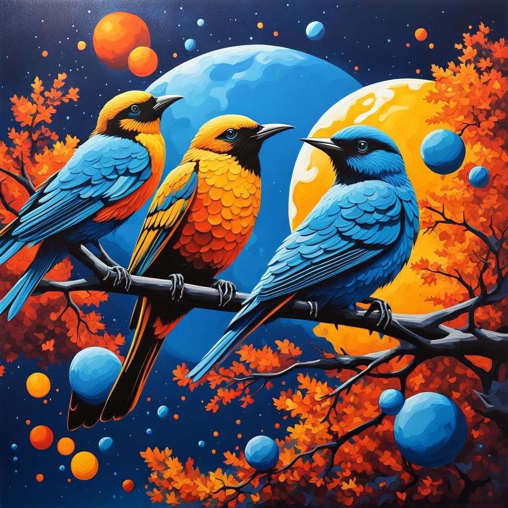Birds in Geodesic Moon Tree: Graffiti Art