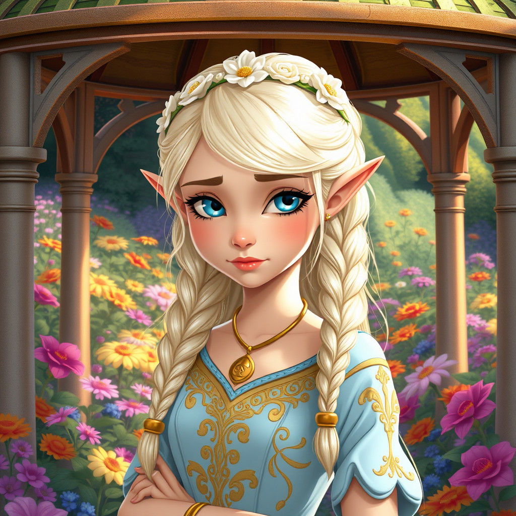 Elven Princess in Garden Gazebo: 80s Cartoon Style