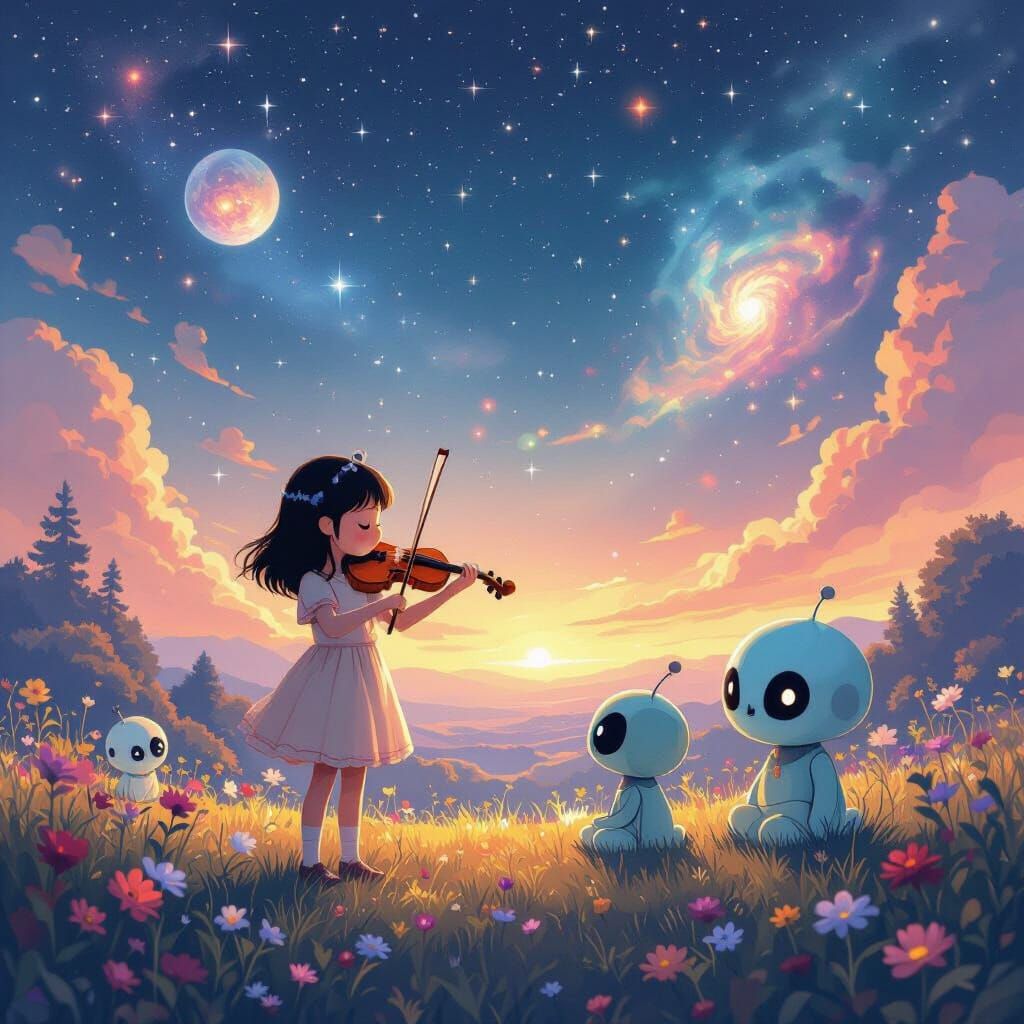 Girl Plays Violin for Cute Aliens in Cosmic Landscape