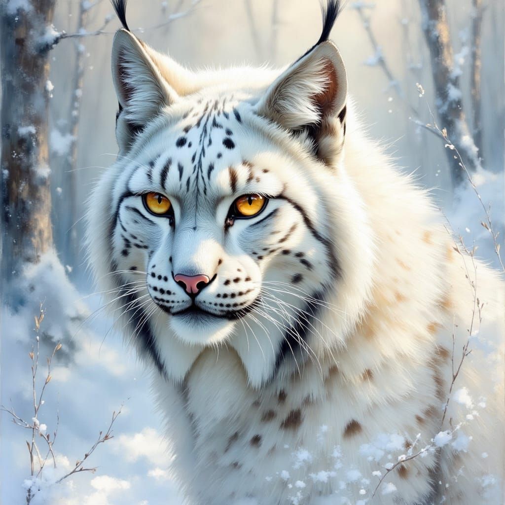 White Lynx Portrait in Detailed Oil Painting Style