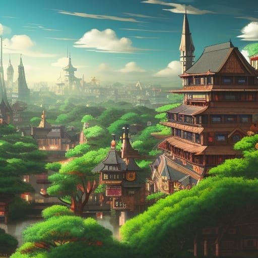 Studio Ghibli Medieval City: Detailed Matte Painting