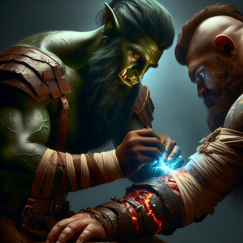 Half-Orc Healer Mends Dwarf Barbarian Wound