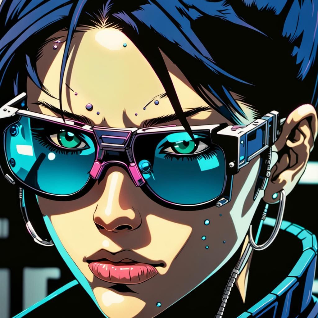 Cyberpunk Sunglasses Reflecting a Cyborg in Neon Lighting