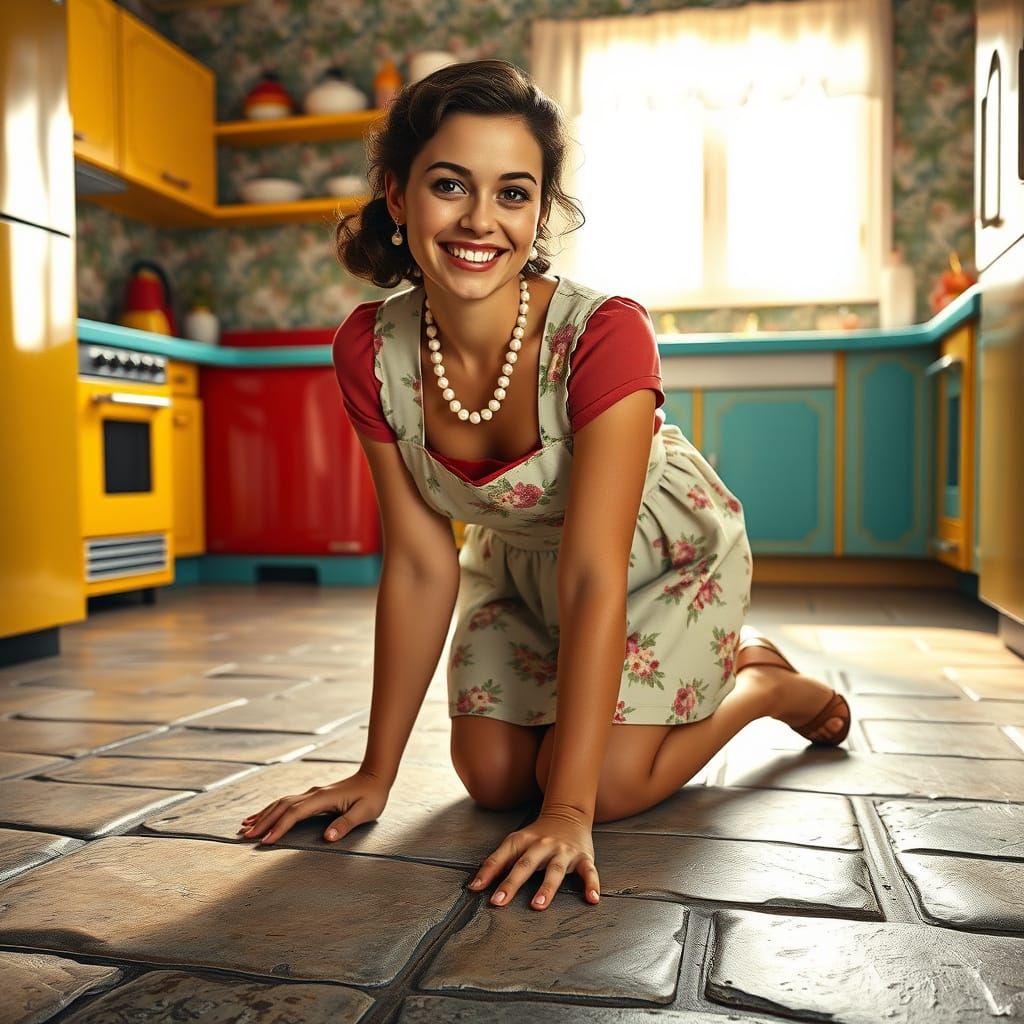 1950s Housewife Scrubs Vintage Kitchen Floor in Modest Apron...