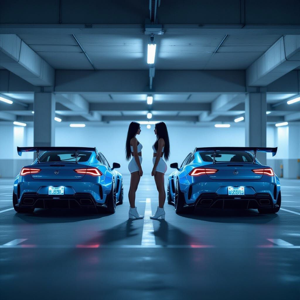 Modified Sports Cars in Dim Parking Garage