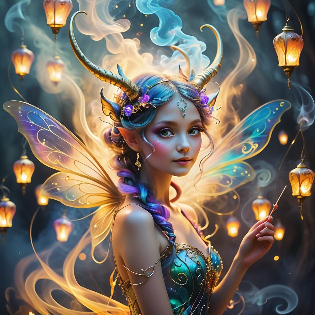 Charming Horned Fairy in Whimsical Smoke Art