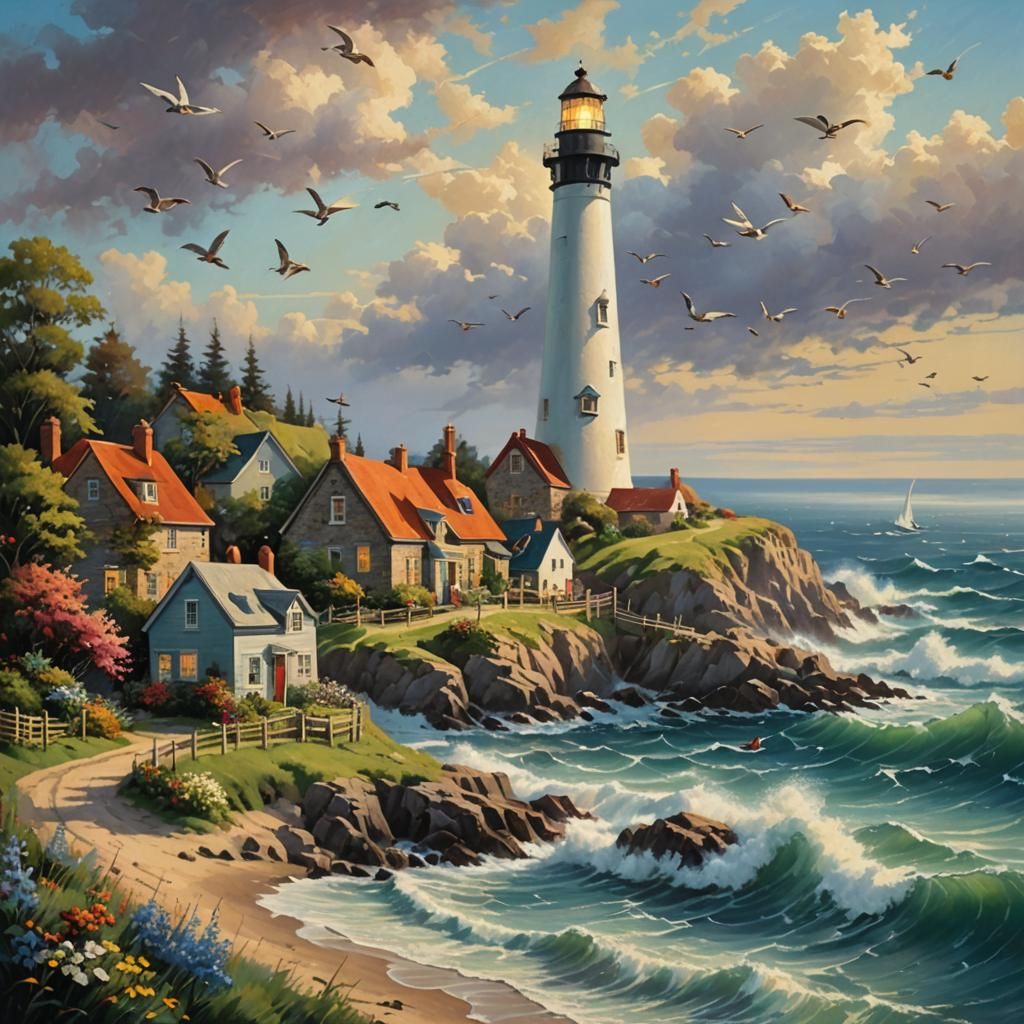 Seaside Village Oil Painting with Lighthouse View