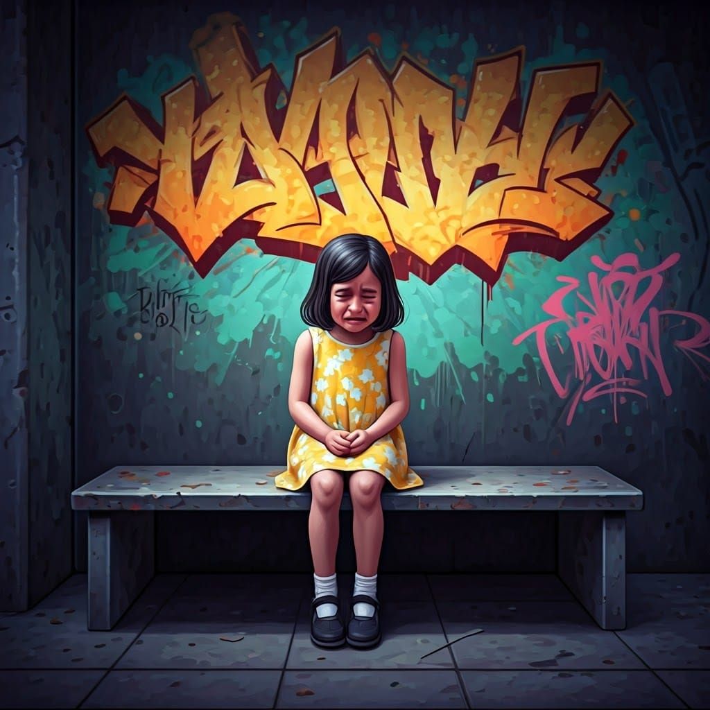 Girl Crying Alone in Schoolyard Graffiti Art
