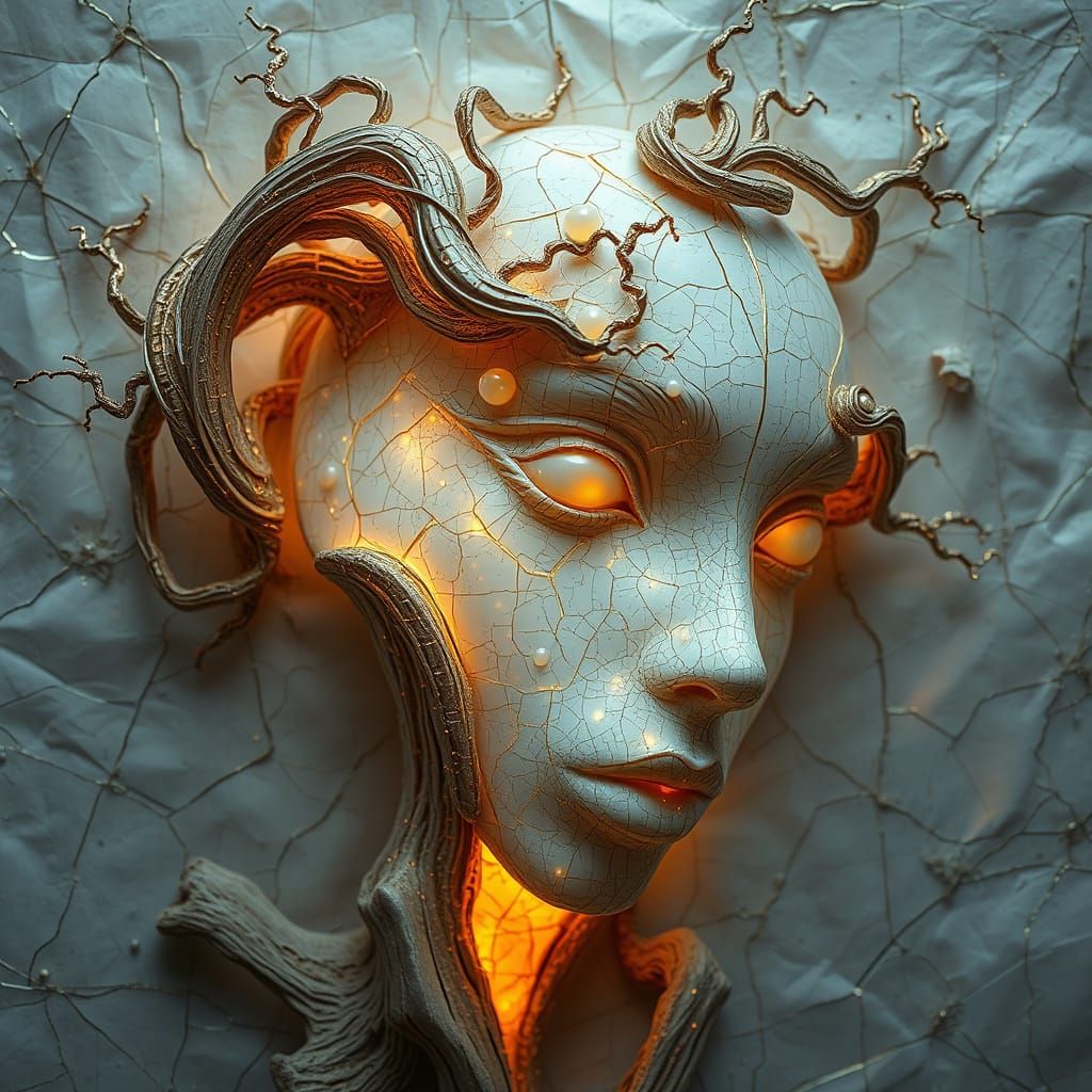 Abstract Opal Face with Gold Accents in Art Nouveau Style
