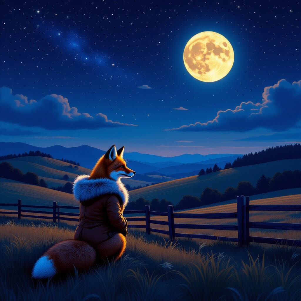 Fox in Fur Coat Under Starry Sky