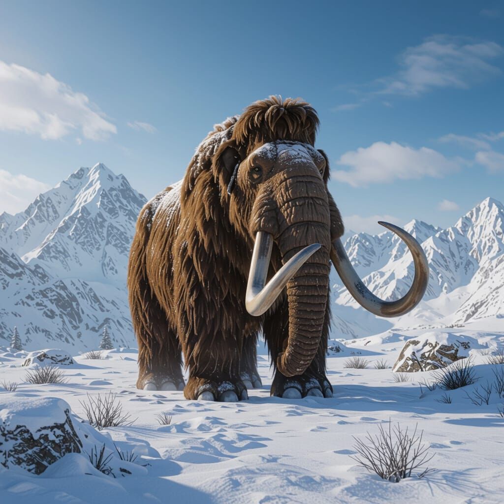 Photorealistic Woolly Mammoth in Snowy Mountains