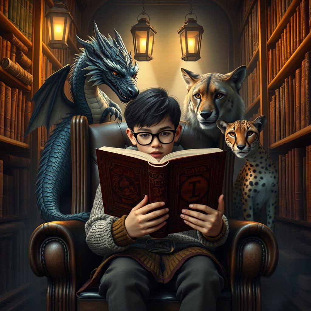 Young Boy Surrounded by Mythical Creatures in a Cozy Library