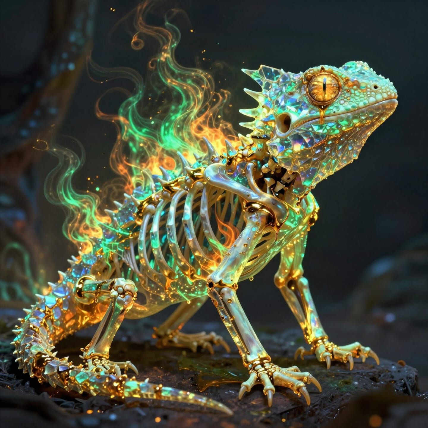 Crystal Skeleton Lizard with Fiery Soul and Gold Drips