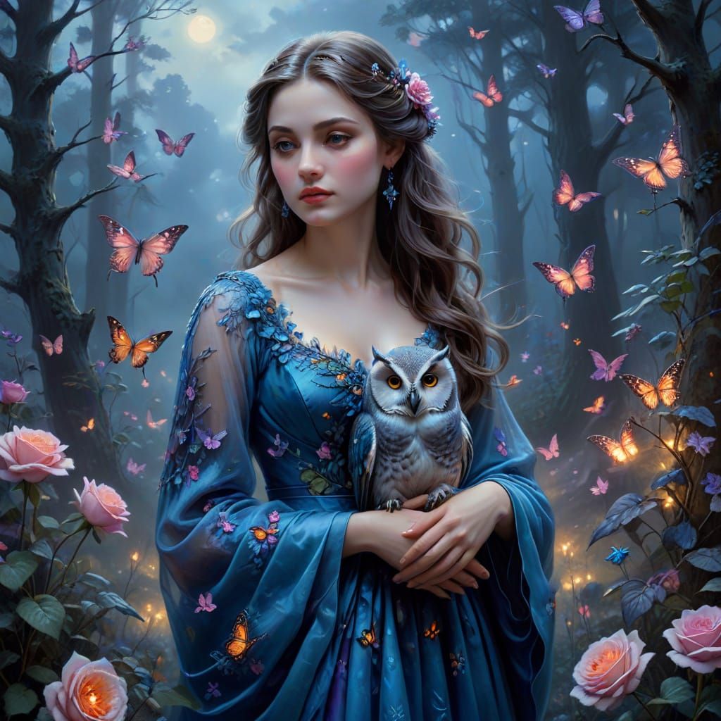 Woman with Owl in Misty Forest, Enchanted Realism Oil Painti...