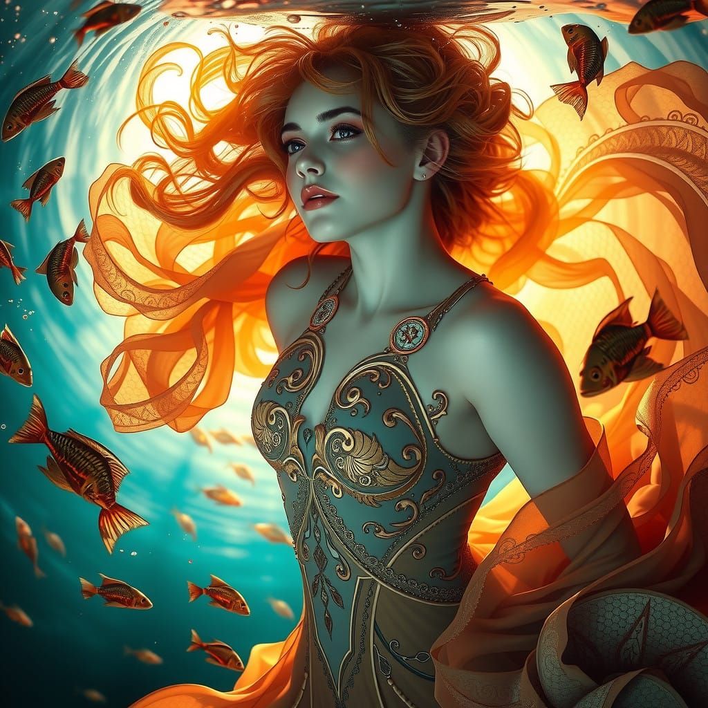 Ethereal Art Nouveau Goddess Shimmers Amidst Oceanic Vortex