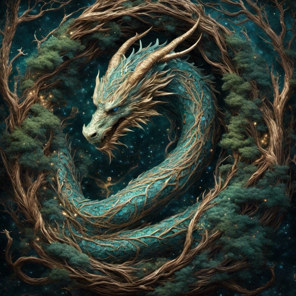 Cosmic Dragon Embracing Celestial Tree