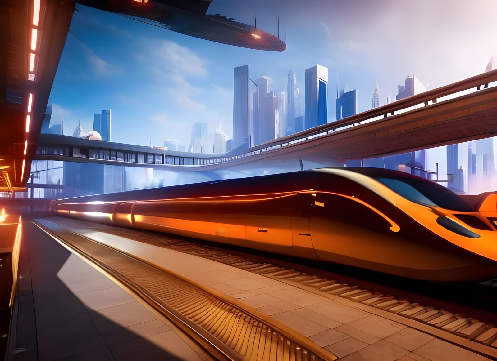 Futuristic Bullet Train in Hyperrealistic City Station