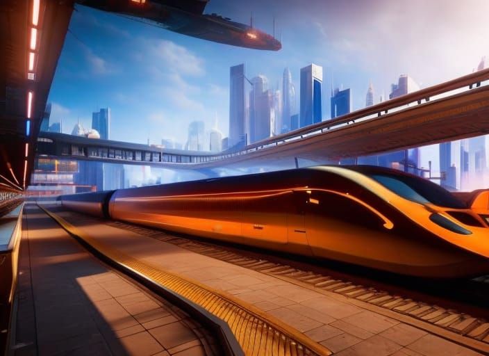 Futuristic Bullet Train in City Station: Hyper-Detailed Rend...