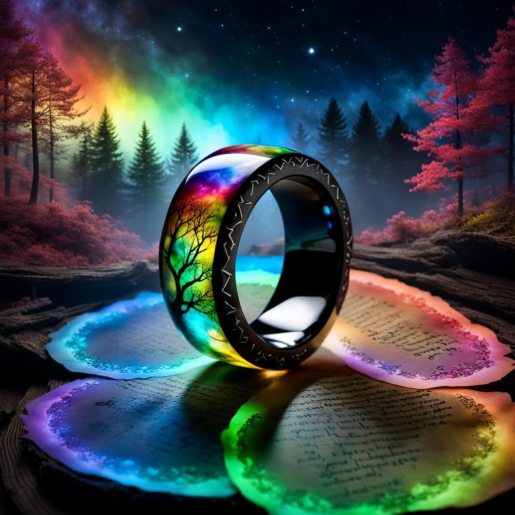 Rainbow Elven Ring on Parchment in Spring Forest
