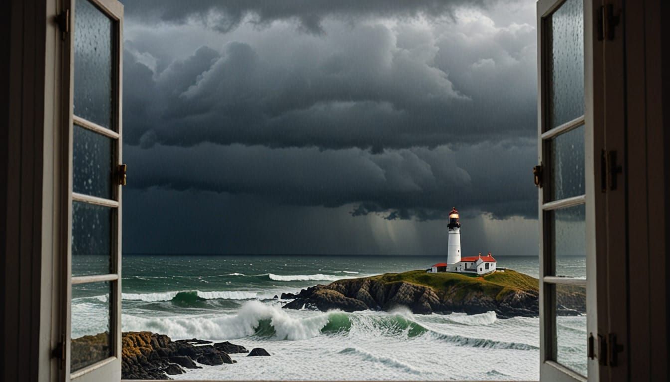 Autumn Storm Outside a Lighthouse Window