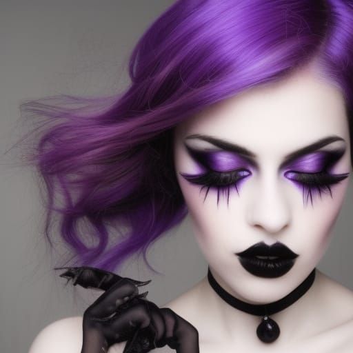 Perfect vertical view of ethereal Gothic Young lady with vibrant purple hair& purple eyes& smoky black eyeshadow beautif...