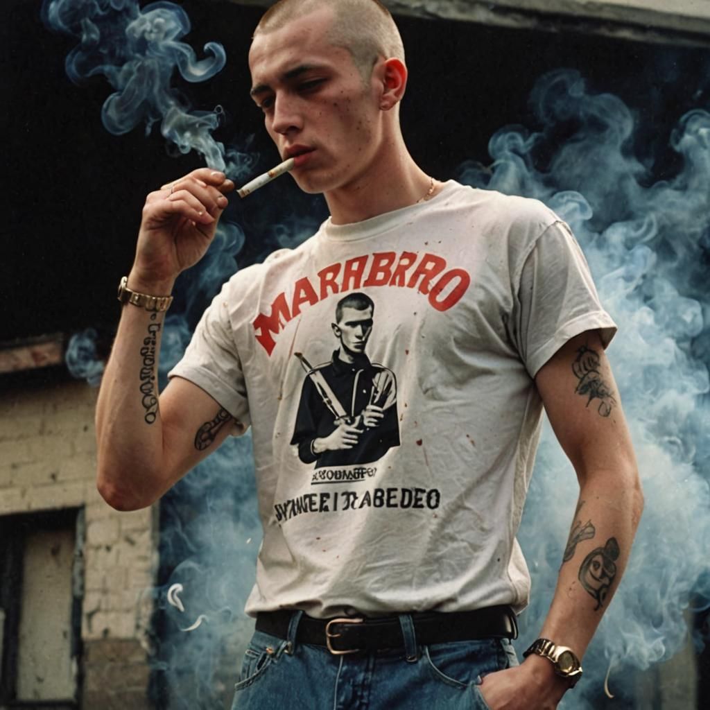 Young Skinhead Smoking Cigarette with Marlboro T-Shirt