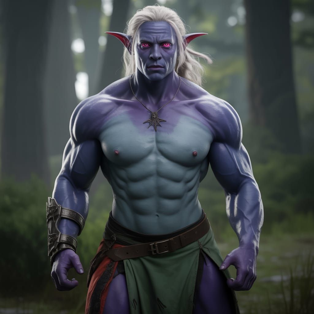 Muscle-Bound Black Drow Woman with White Hair