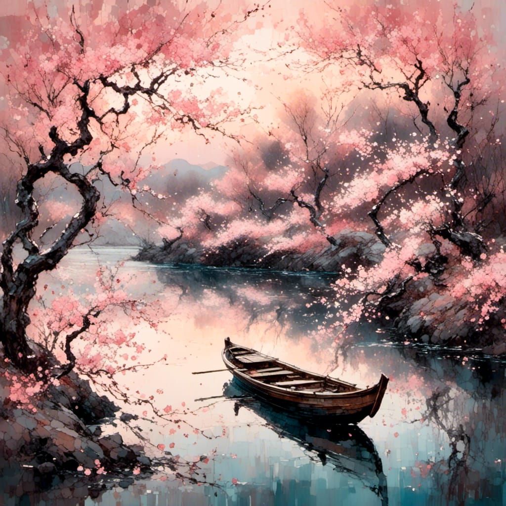 Ukiyo-e Boat Amidst Cherry Blossoms
