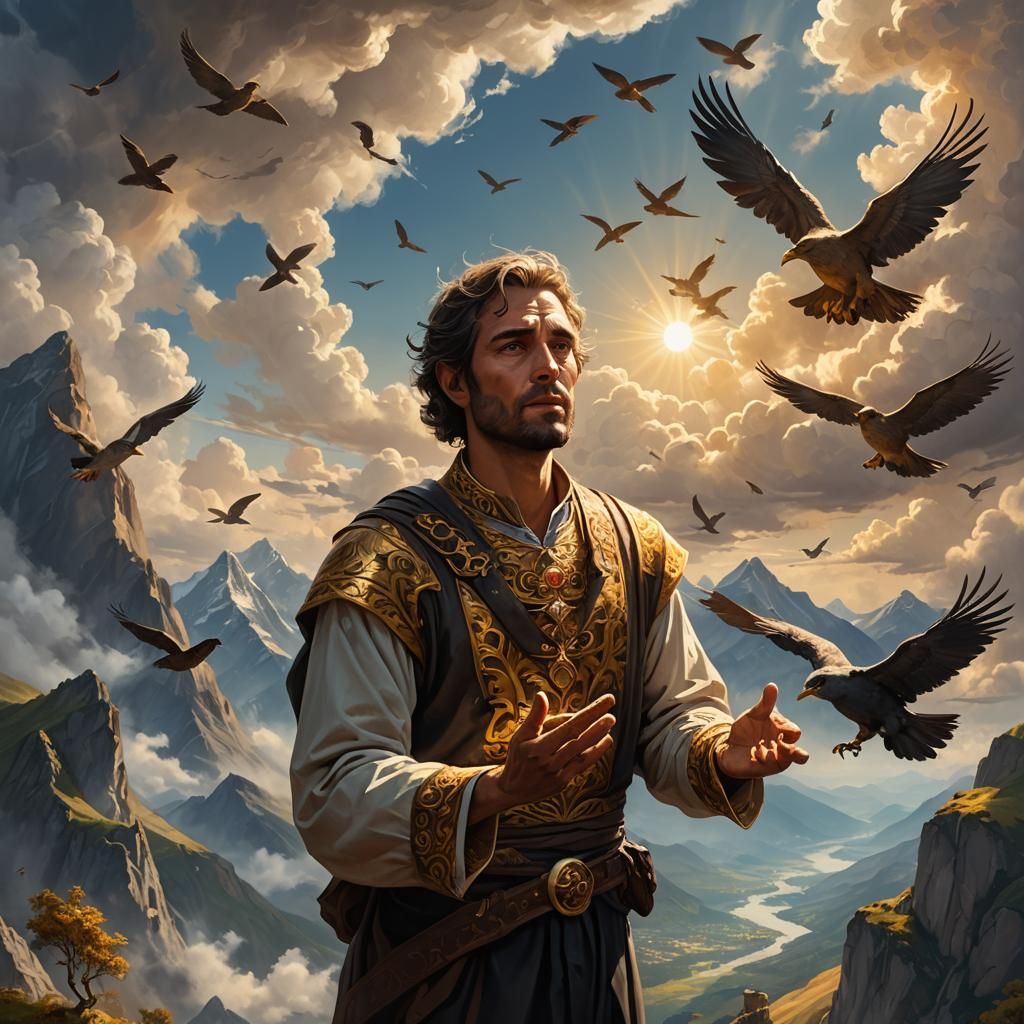 Surreal Fantasy: Giant Man Begging in Heavenly Light