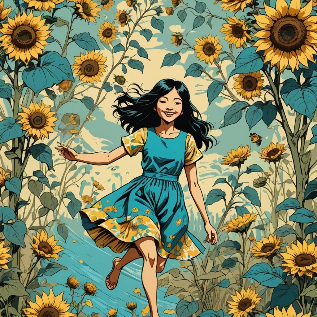 Cartoon Girl with Sunflowers in Geometric Style