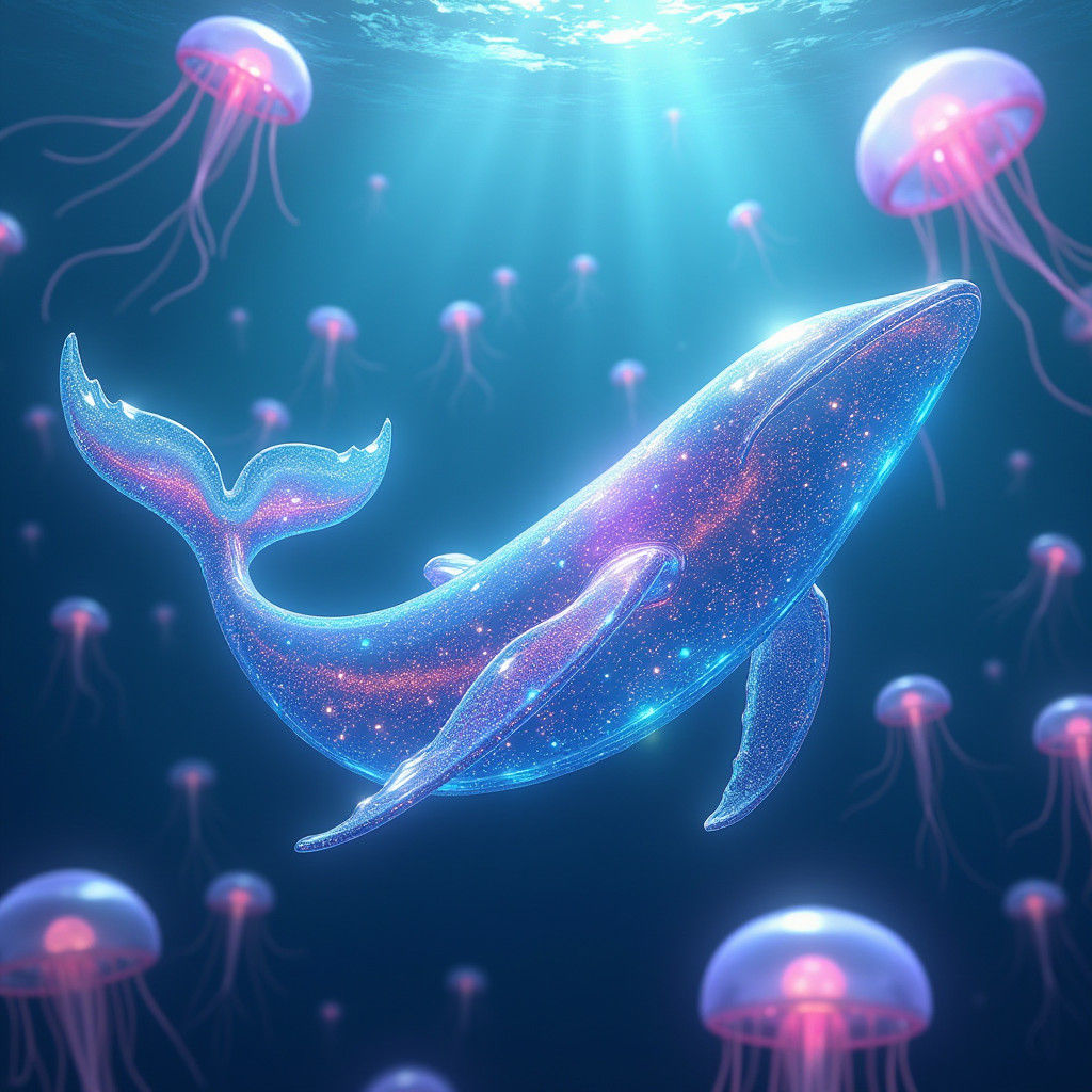 Glowing Glass Whale and Rainbow Jellyfish in Anime Style