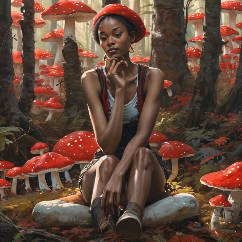 Mystical Forest: Woman Among Giant Mushrooms