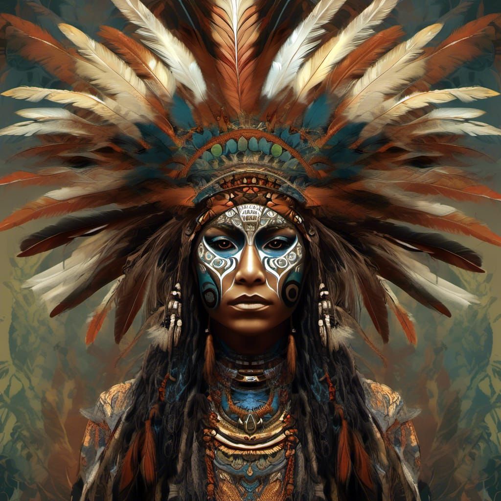 Amazonian Shamaness Portrait with Fractal Patterns