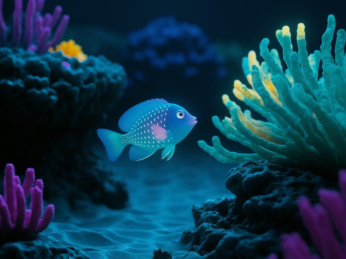 Glowing Blue Fish in Neon Underwater Scene