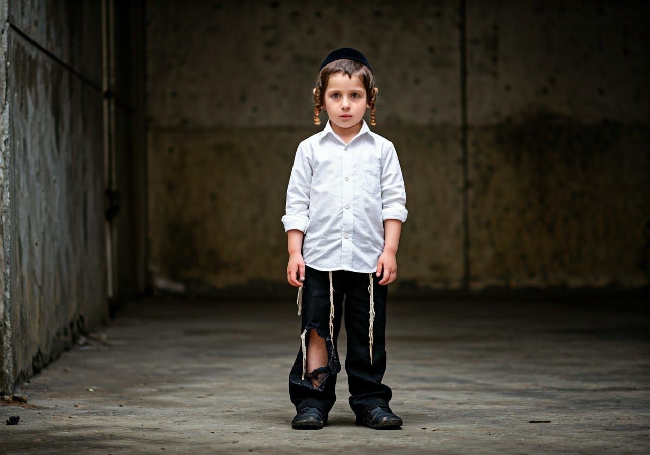 Young Orthodox Jewish Boy in Traditional Attire with Worn Sh...