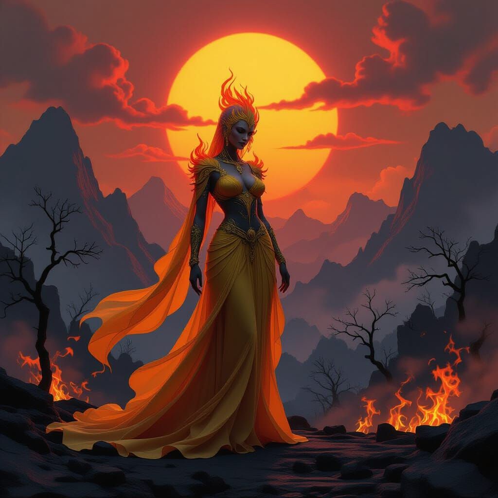 Fiery Humanoid in Charred Landscape: Dark Fantasy Art