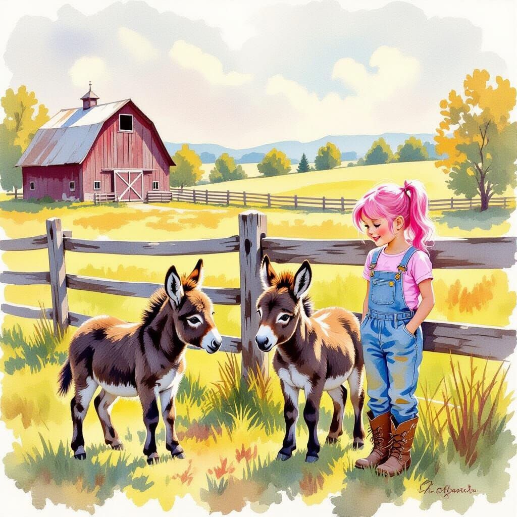 Cute Baby Donkeys Playing on Idyllic Farm