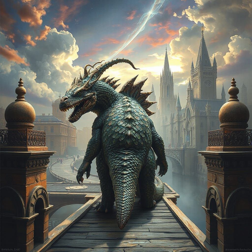 Monster-Biest Walks Into City: Surrealist Oil Painting