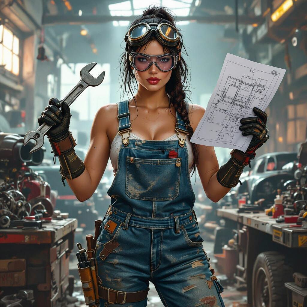 Cyberpunk Demolition Queen in Her Workshop