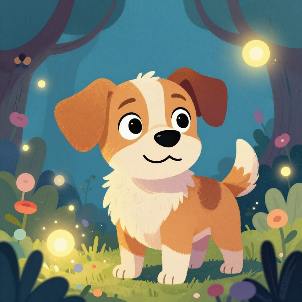 Happy Fairytale Dog in Unique Graphic Style