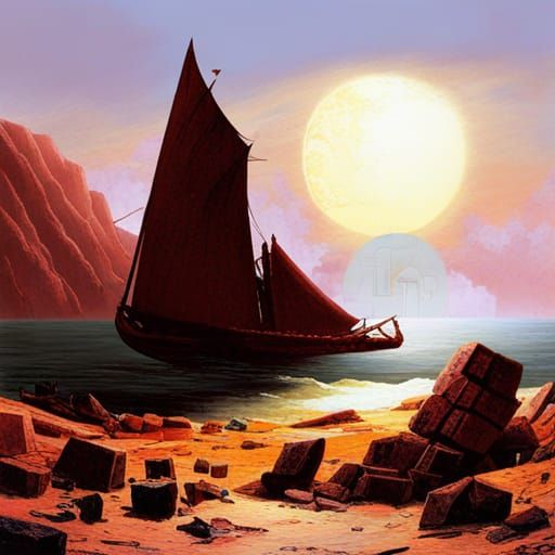 Wrecked Ship on Rocky Beach in Romantic Style