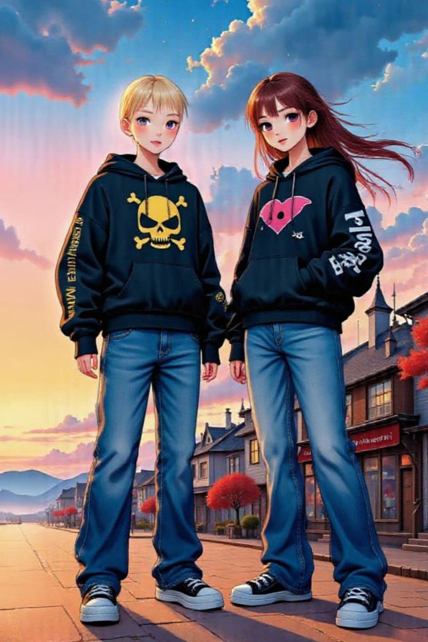 Korean Anime Girls Posing at Sunset in Manga Style