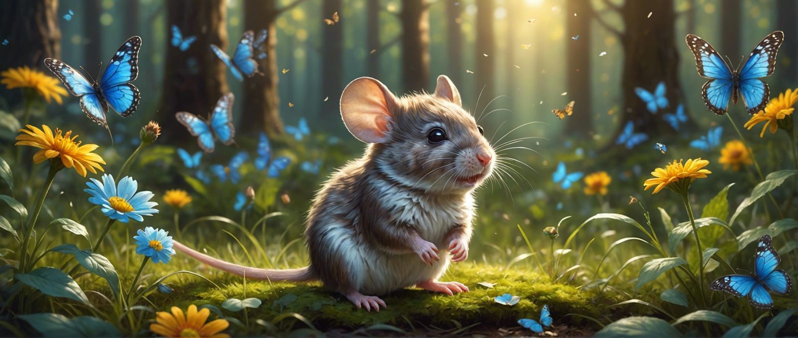 Cute Mouse Plays with Butterflies in Forest