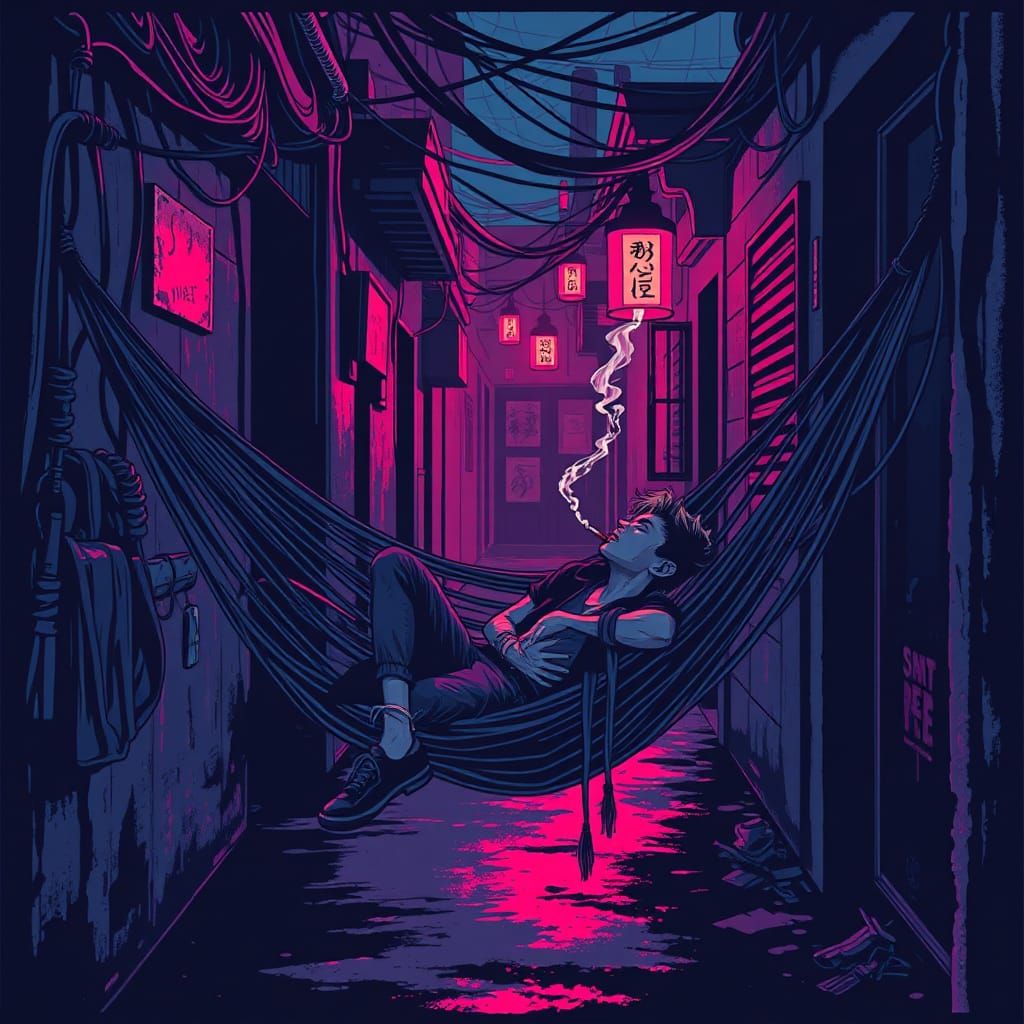 Gothic Punk in Alleyway: Linocut Vaporwave Style