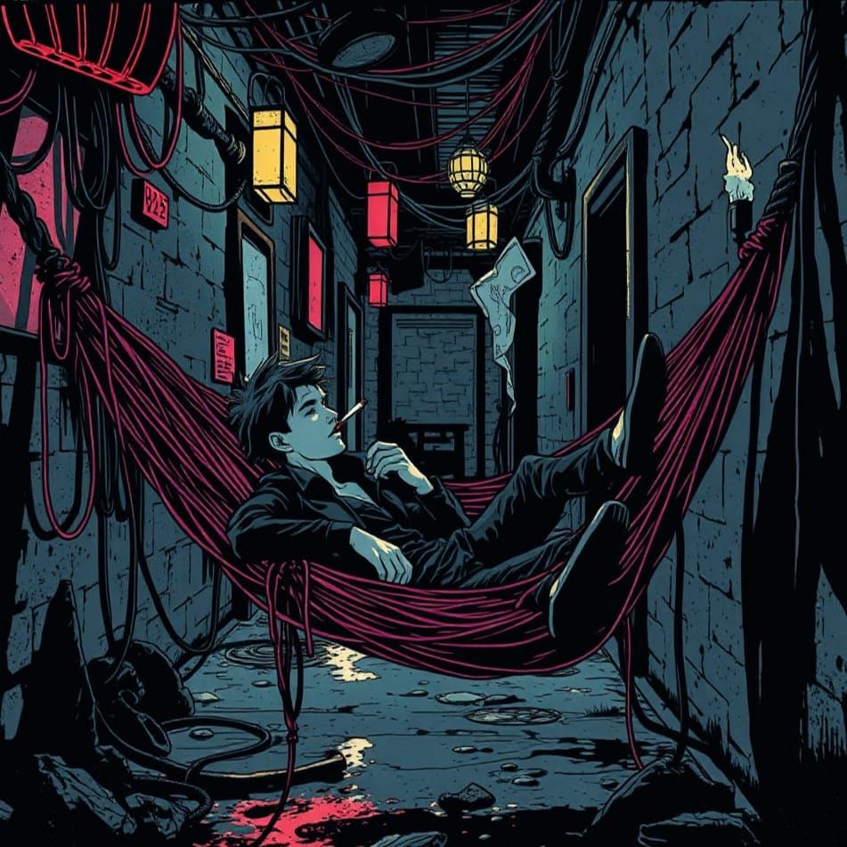 Gothic Punk in Alleyway Hammock: Linocut Vaporwave