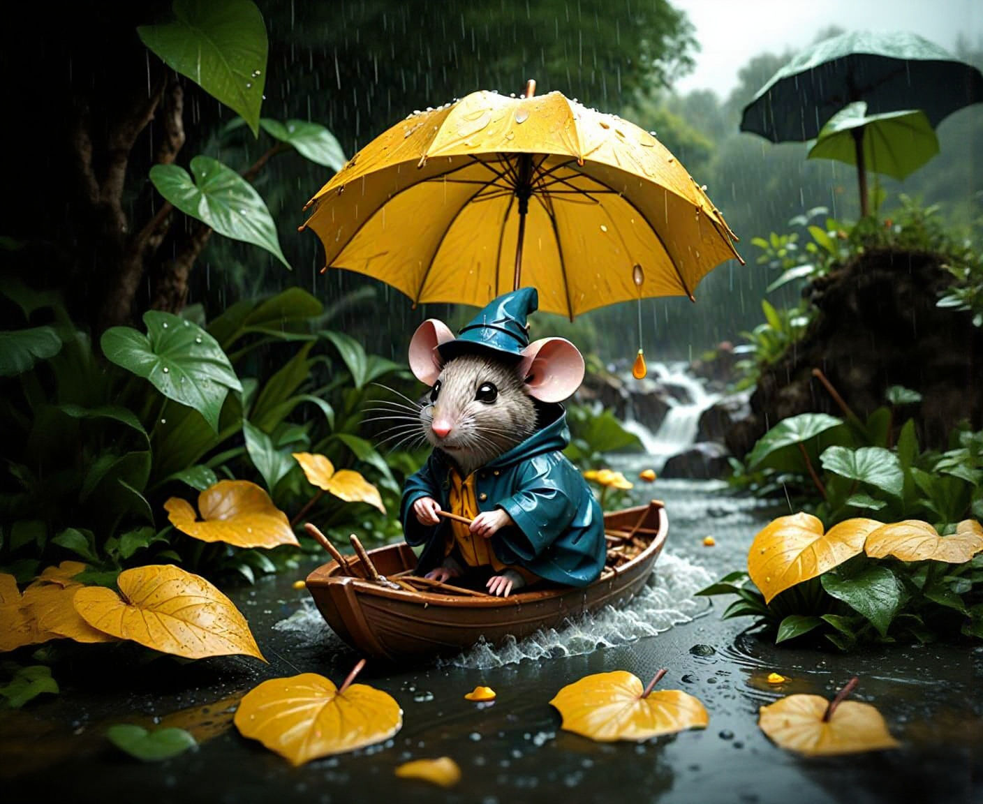 Mouse on Leaf Boat in Rainstorm, Detailed Painting