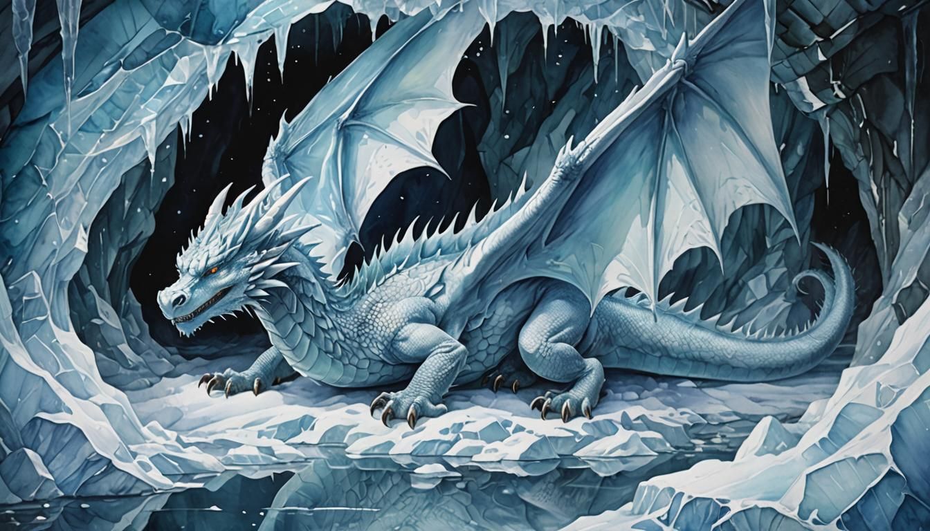 Ice Dragon Sleeping in Ice Cave: Watercolor Art