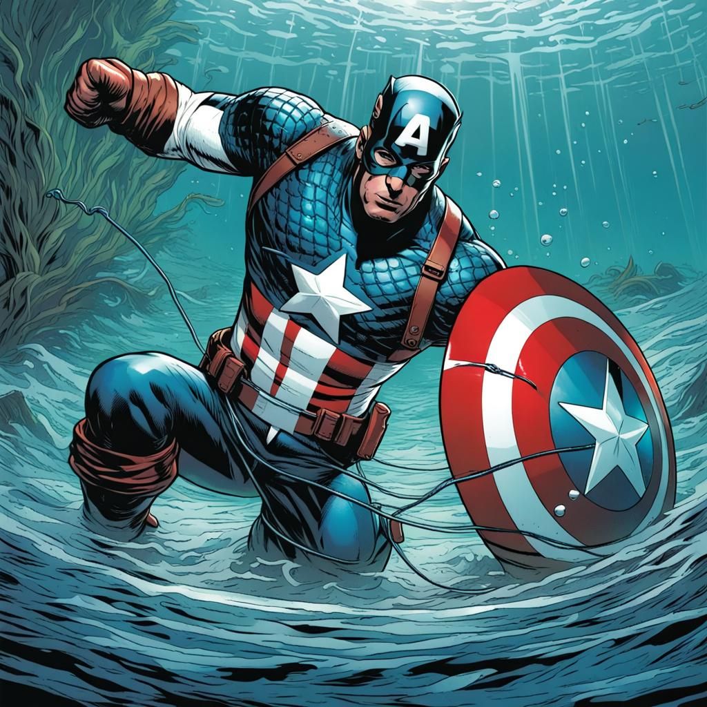 Captain America Underwater Comic Book Art