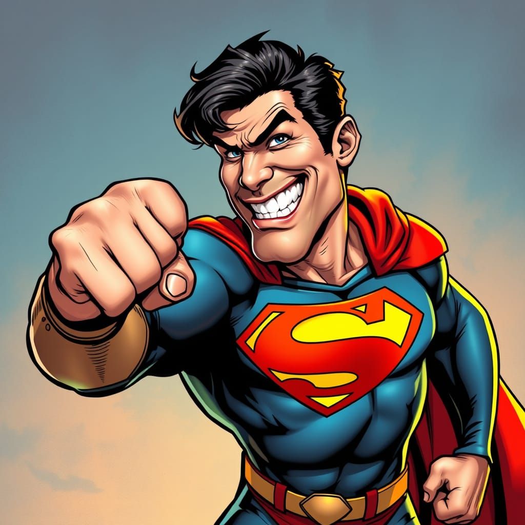 Hispanic Superman Punches Villain in Comic Book Style